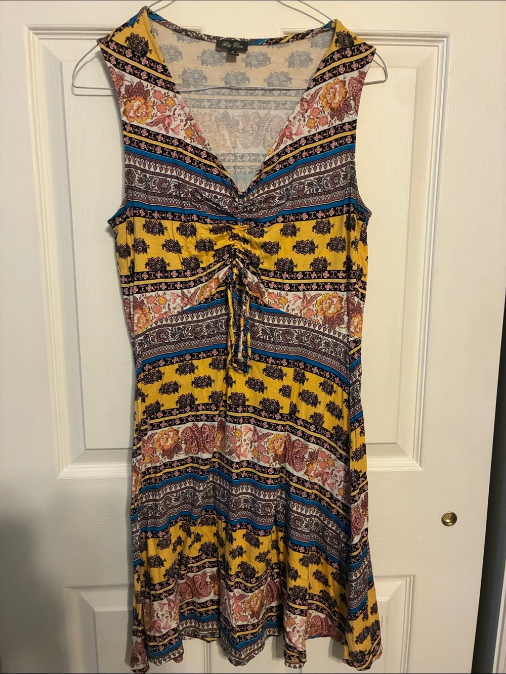 Lily Rose Yellow Multicolor Boho Midi Dress with Drawstring